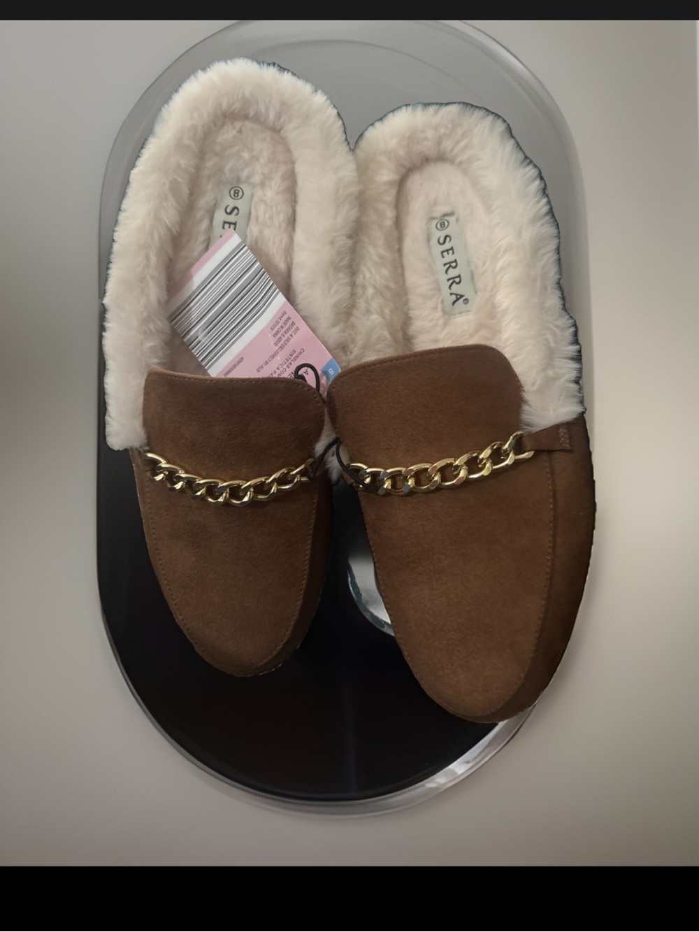 Serra Brown Faux-Suede Chain-Trim Fleece-Lined Mules